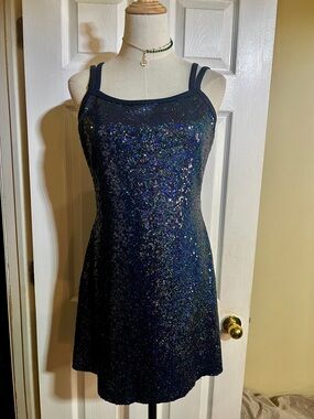 A Wish Come True Wms Dark Blue Sequin Metallic Dance Leotard Mini Glam Dress L